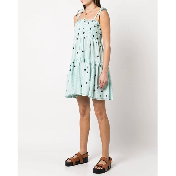 Tanya Taylor Dresses & Skirts - Tanya Taylor Small Lina Smocked Embroidered Cotton Mini Dress Swim Coverup Teal